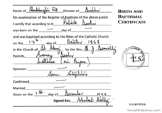 Great Grandfather Patrick Doolin's Baptismal Certificate